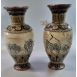 Pair of late 19th early 20th century Doulton Lambeth stoneware baluster vases overall decorated with