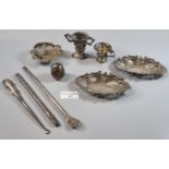 Small box of oddments of scrap silver and plate, to include: dishes, small two handled repousse cup,