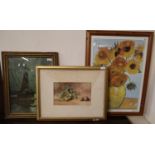 Furnishing pictures, including: After Van Gogh 'Sunflowers' coloured print, watercolour still life