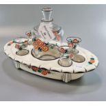 French ceramic and glass decanter and liqueur set (missing two liqueur glasses) by Marcel Goupy. (