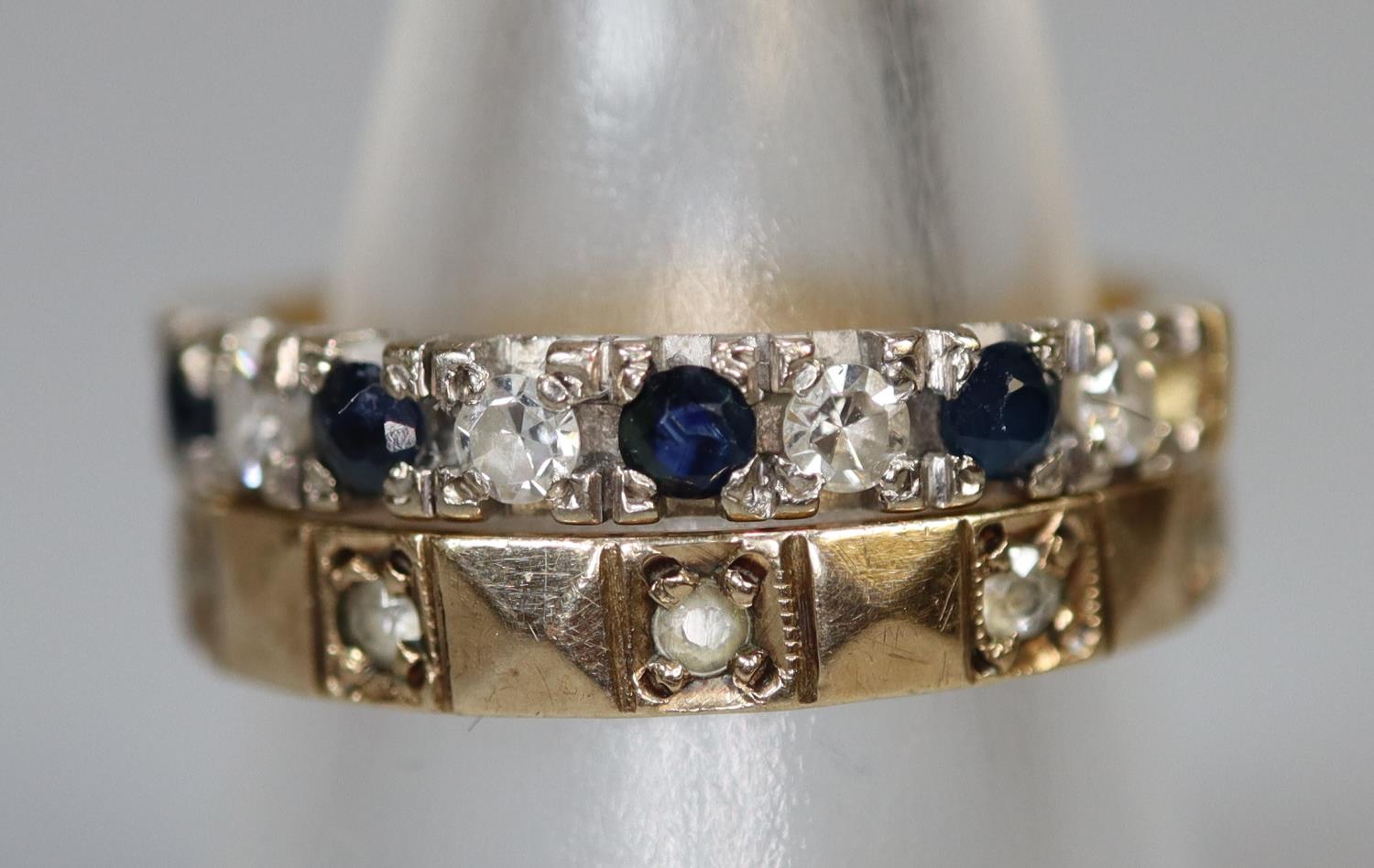 18ct gold sapphire and diamond ring and a 9ct gold white stone ring. Ring size of both M&1/2. Approx