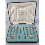 Cased set of six silver Apostle spoons with sugar nips by Walker & Hall Sheffield, in original