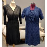 Three vintage lace dresses (20's-40's); one blue and two black; one with beaded detail around the
