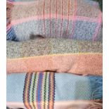 Box containing three vintage multi-coloured fringed edge woollen blankets or carthen. (3) (B.P.