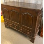 18th century Welsh oak coffer, now converted to a cupboard having three ogee fielded panels above