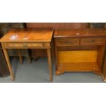 Reproduction yew wood single drawer side table together with another yew wood two drawer side