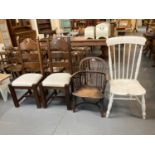 19th century elm spindle Windsor armchair (cut down) together with a painted spindle farmhouse