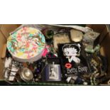 Collection of vintage jewellery and other items, to include: money box, dressing table set, rings,