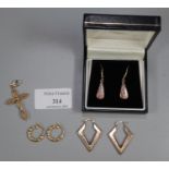 Three pairs of 9ct gold earrings and a 14ct gold cross pendant. 8.7g approx. (B.P. 21% + VAT)