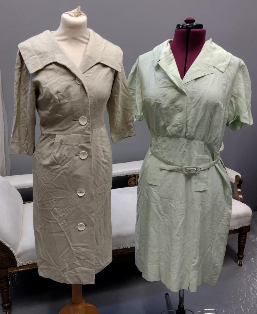 Five 1940's-60's vintage dresses to include: two 40-s/50's shirt waister style dresses; one in a