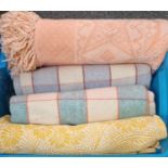 Box containing textiles to include: two vintage woollen check blankets and two damask bedspreads