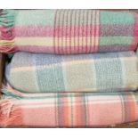 Box of vintage multi-coloured checked fringed edge blankets or carthen; one with Derw product