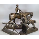 Collection of modern bronzed sculptures of horses and jockeys, one jumping a fence. (3) (B.P.
