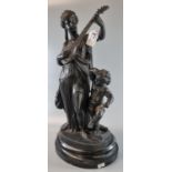 Early 20th century French spelter emblematic figure group of a lady in robes playing a mandolin with