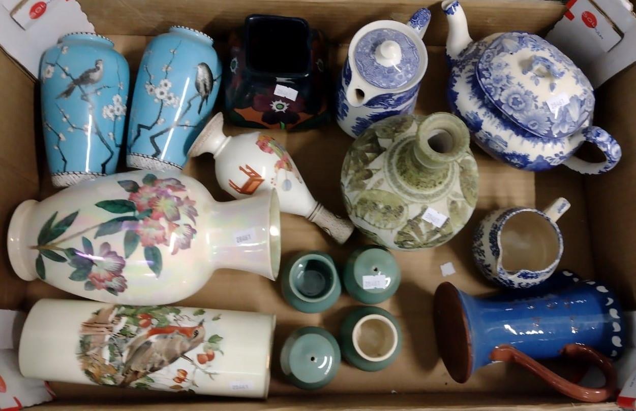 Box of assorted china to include: a pair of blue ground vases with cherry blossoms and bird - Image 2 of 2