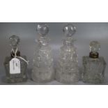 Four hobnail cut scent bottles with stoppers. (B.P. 21% + VAT)