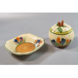 Clarice Cliff 'bizarre' crocus square dish, together with a matching preserve jar with associate