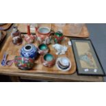 Tray of oriental items to include: figure of a kneeling Japanese lady with dog, a small kutani vase,