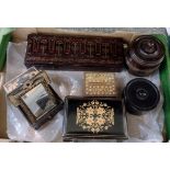 Box of treen boxes to include: two turned wooden tobacco jars (one ebony), a Chinese travelling