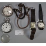 Group of assorted watches to include: rectangular steel gent's wristwatch on leather strap, two