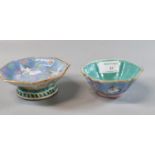 Two Chinese polychrome pedestal small sweetmeat dishes, both decorated with cranes and flowers, late