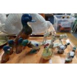 Tray of animal ornaments: small pair of Mallard ducks and another Mallard duck, mother duck with