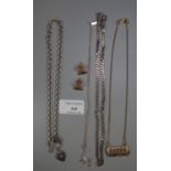 Bag of assorted silver, to include: chains, T bar pocket watch chain and a yellow metal pendant on