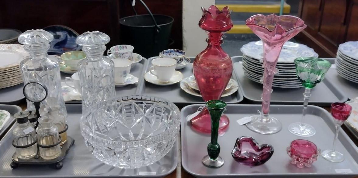 Two trays of glassware to include: two cut glass decanters with star cut basses and mallet shaped