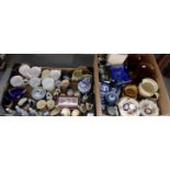 Three boxes of mostly china to include: blue and white Adderley ware 'Old Willow' teaware, Royal