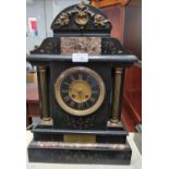 Late 19th/early 20th century black slate and coloured marble architectural two train mantle clock