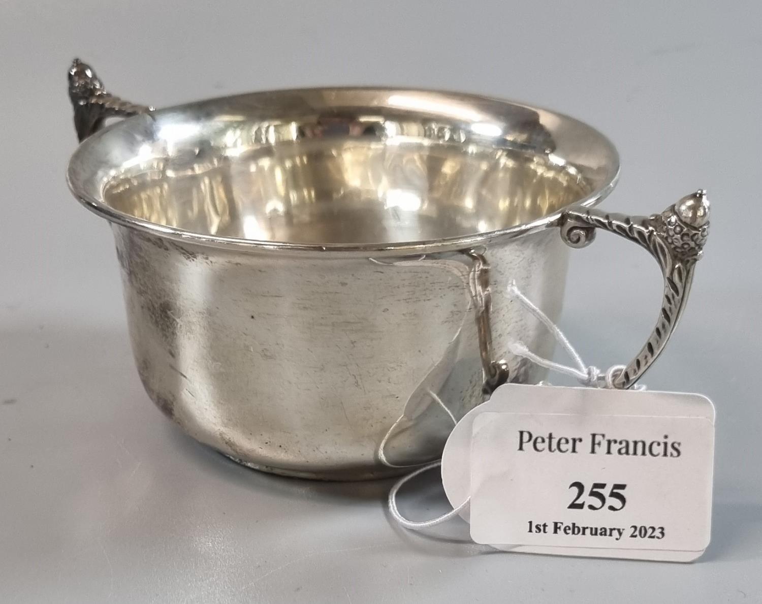 Early 20th century silver two handled bowl, inscribed 'Fay From H Loveday 1923', having acorn