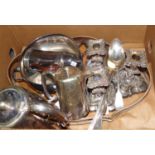 Box of assorted metalware: Mappin & Webb bowl with four spade feet, EPNS chocolate jug with brown