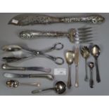 Bag of silver and silver plate to include: pair of large silver fish knives and forks, knives,