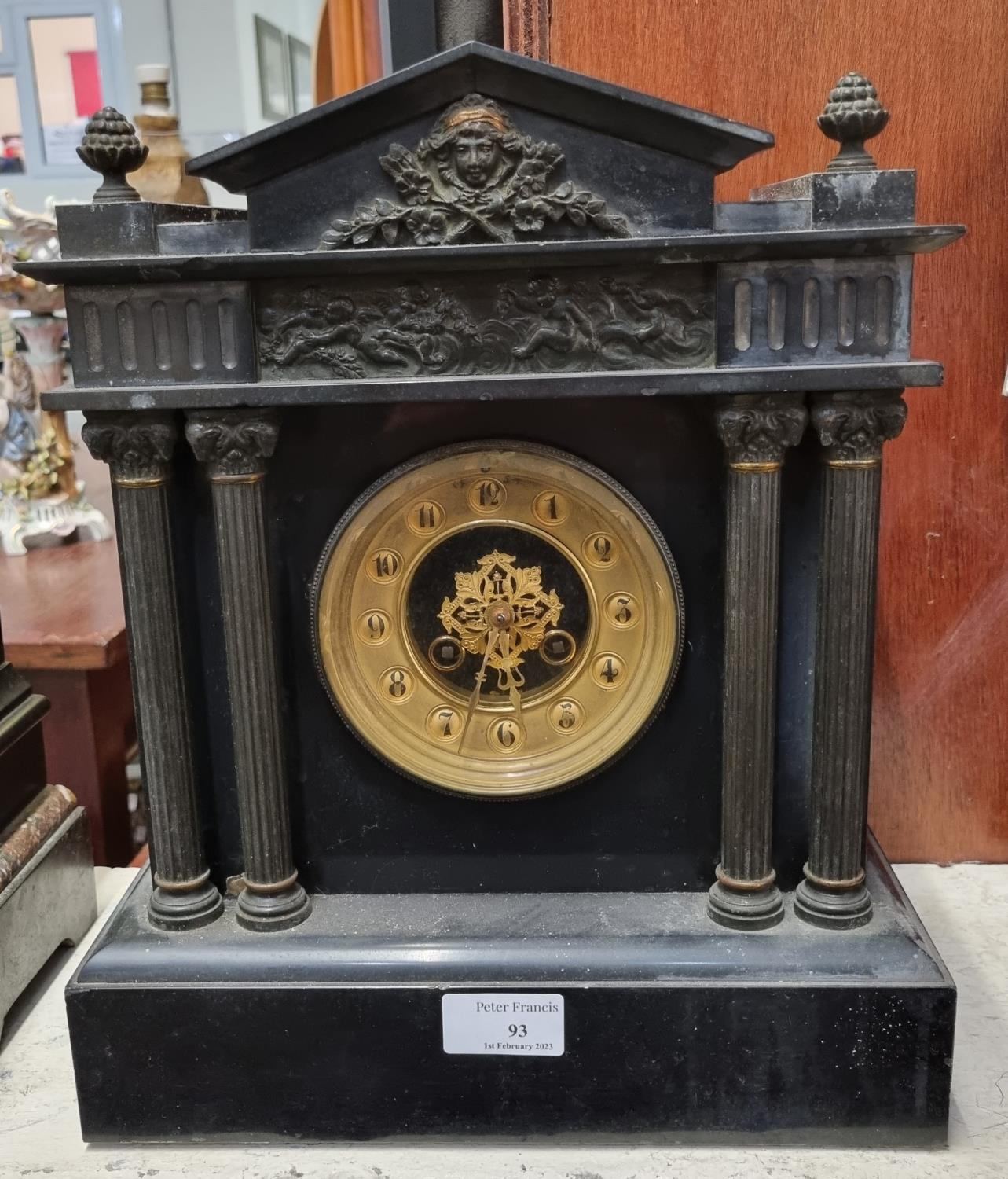 Late Victorian slate architectural two train mantle clock having gilded face. (B.P. 21% + VAT)