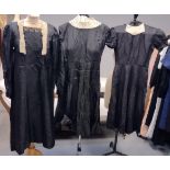 Three vintage 20's-40's black dresses with lace collars; one long sleeve, one with cap sleeves. (