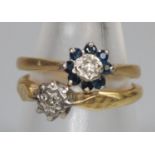 18ct gold diamond ring. Size L1/2. Together with another 18ct gold diamond and sapphire ring. Size