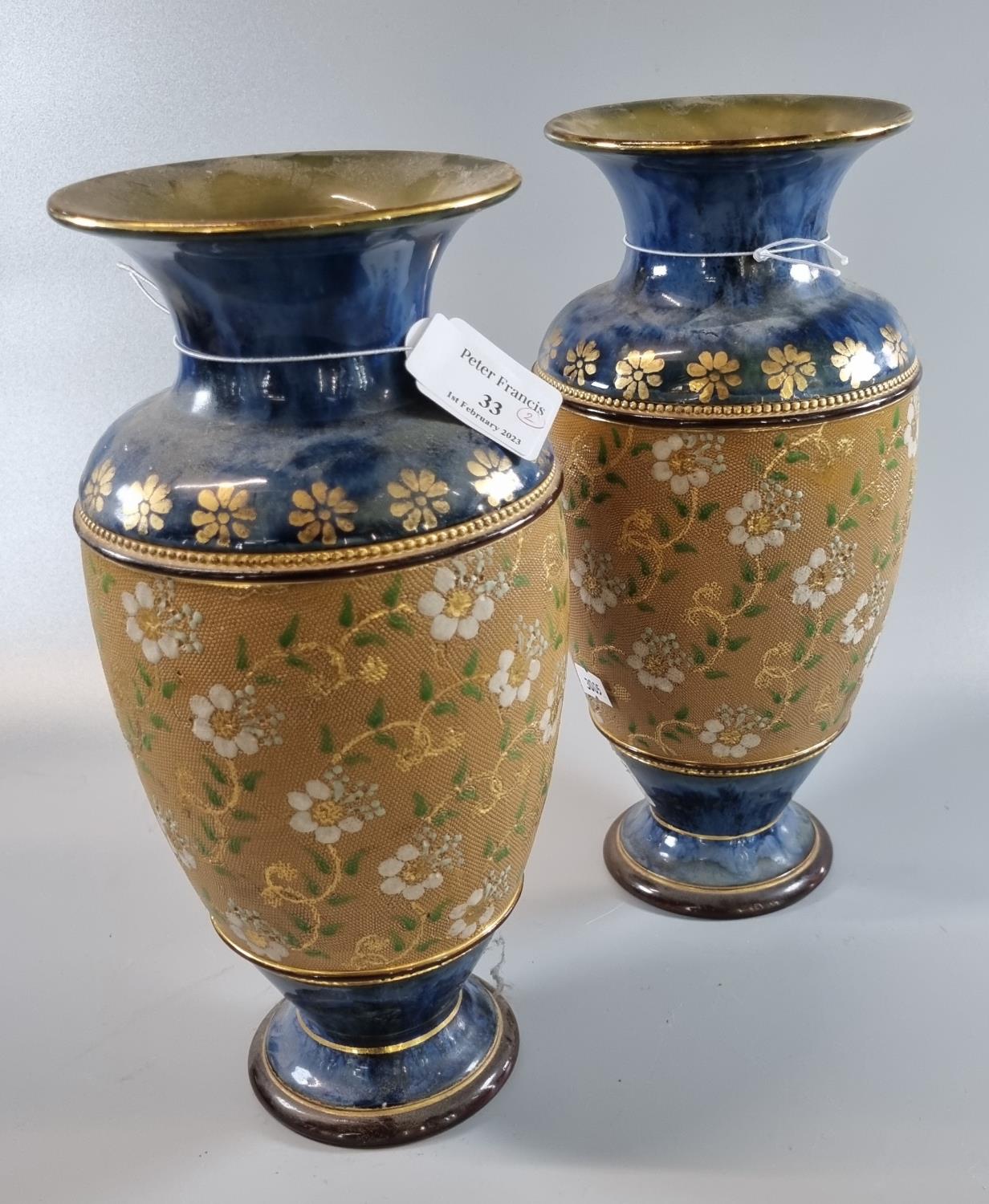 Pair of Royal Doulton Slaters patent baluster shaped floral decorated vases. Impressed marks. 27.5cm