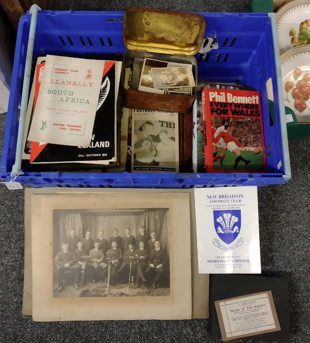 Box of ephemera to include: old family Victorian albums, signed Phil Bennett book, rugby programme