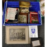 Box of ephemera to include: old family Victorian albums, signed Phil Bennett book, rugby programme