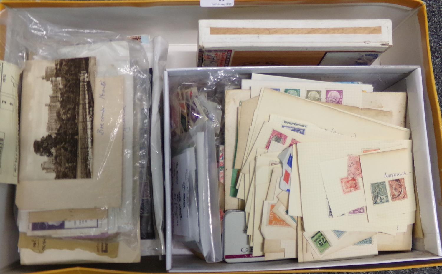 All world selection of stamps in shoe box, cigar box and range of various postcards. (B.P. 21% +