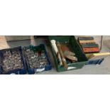 Two trays of assorted drinking glasses, together with a box of books including; 'The Windsor