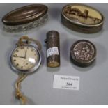 Bag of oddments, to include: silver chased scent bottle, pill boxes, one with a picture and