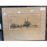 Attributed to William Wyllie, 'HMS Ganges 1915', uncoloured etching titled in pencil. 11.25x24cm