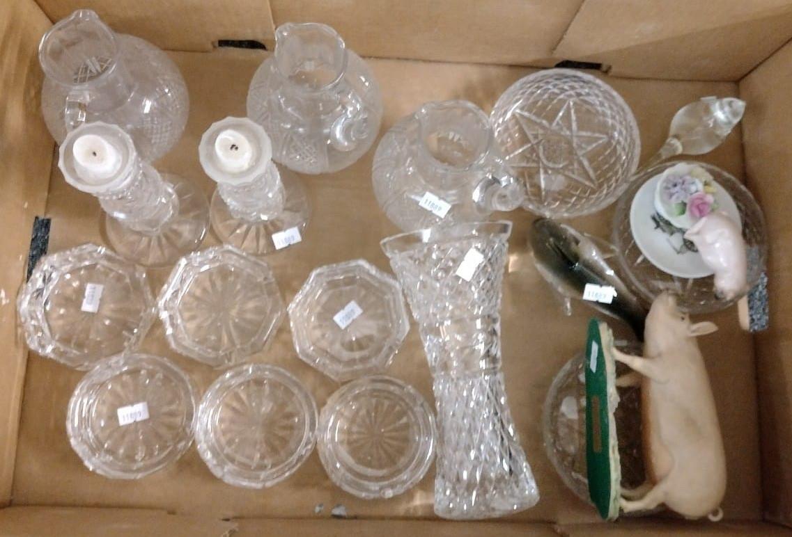 Box of mainly glassware to include: cut glass ashtrays, vase, candlesticks, shallow dishes, jugs,