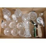 Box of mainly glassware to include: cut glass ashtrays, vase, candlesticks, shallow dishes, jugs,