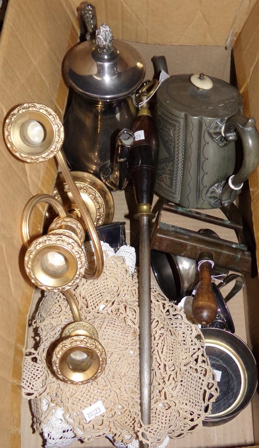 Box of predominantly metalware: large meat skewer with brass and turned wooden handle, flat iron