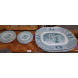 Four trays of Abbey ironstone part dinnerware: eleven dinner plates, eleven side plates, twelve