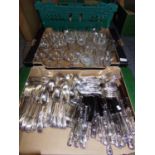 Two boxes, one of assorted silver plate and stainless steel cutlery: forks, knives, spoons,