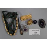 Bag containing silver brooch, yellow metal necklace, yellow glass brooch etc. (B.P. 21% + VAT)