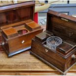 Two 19 century sarcophagus shaped tea caddies in mahogany and rosewood with mother of pearl